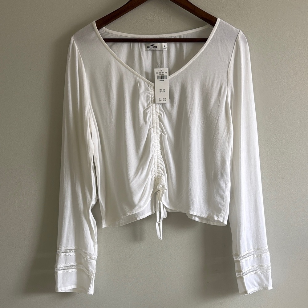 Hollister White Ruched Tie Front Crop Top Lace Sleeve Medium NWT